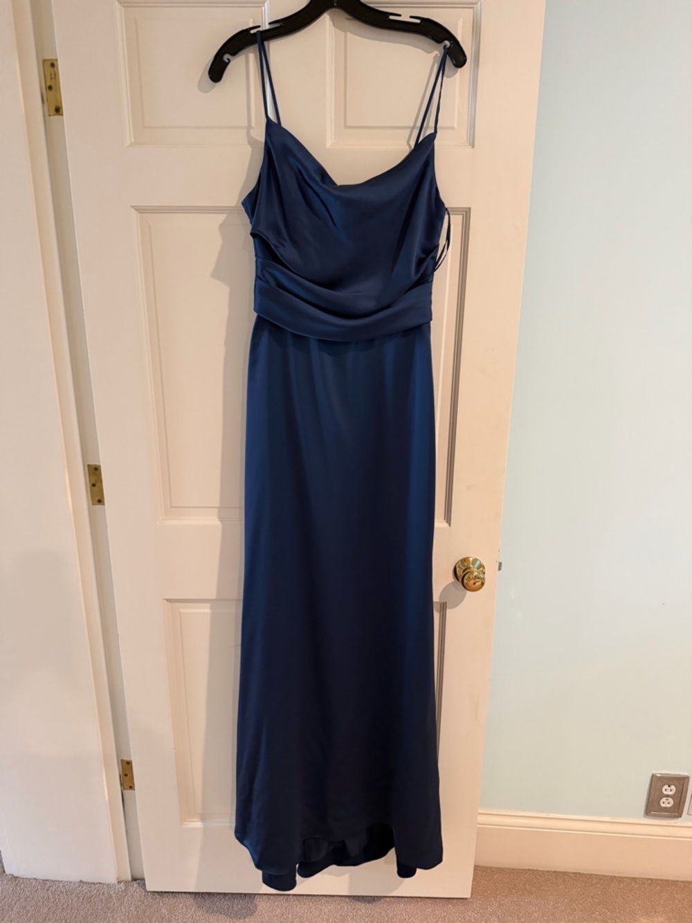AMSALE Elegant Navy Satin Cowl Neck Slip Dress